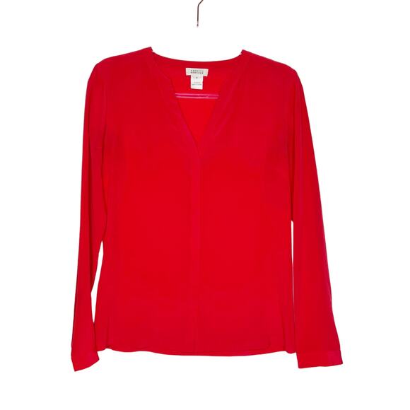 BARNEYS NEW YORK Silk Chiffon Long Sleeve Blouse V-Neck Button-Down Red Size 8 - Picture 11 of 11